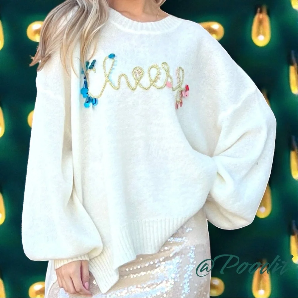AND THE WHY oversized Cheers ivory part wool holiday sweater S/M M/L Combo Size - Picture 3 of 11